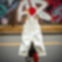 A pair of white denim overalls hanging on a skateboard