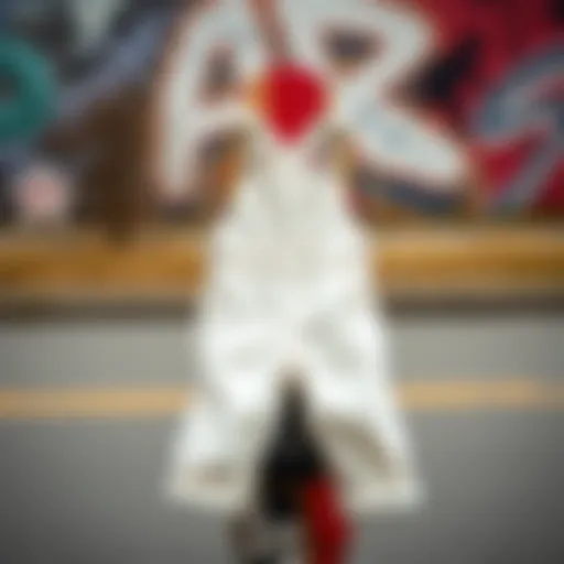 A pair of white denim overalls hanging on a skateboard