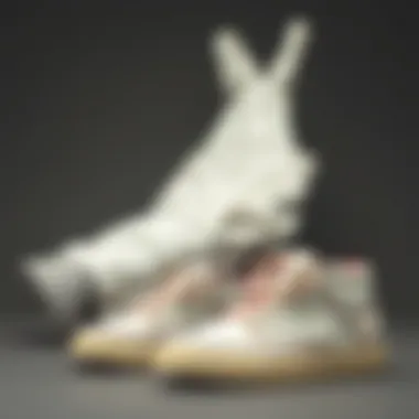 Stylish arrangement of white denim overalls and skate shoes