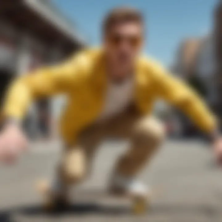 Skateboarder wearing yellow aviator sunglasses in motion