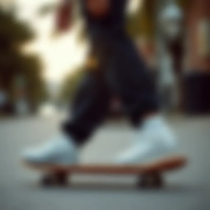 A stylish skateboarder showcasing all white Vans