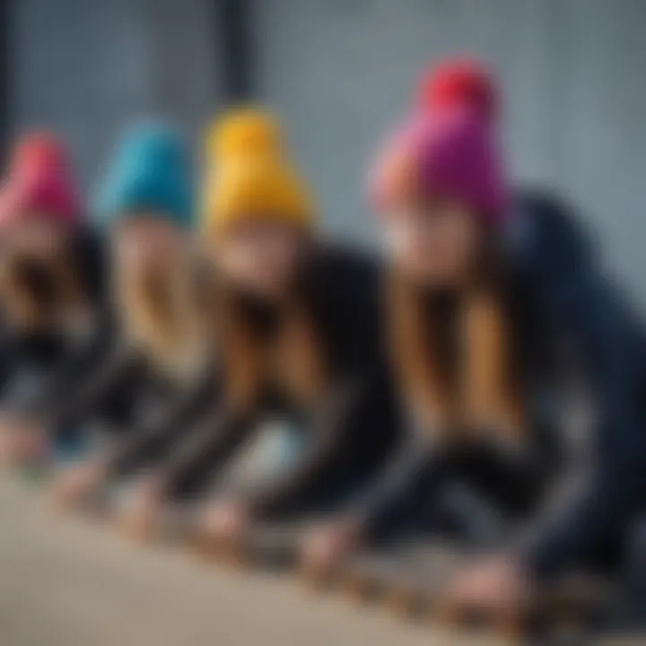 A group of skateboarders wearing colorful pom pom beanies, emphasizing skate culture.