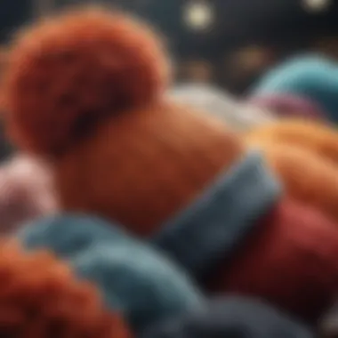 A close-up of a pom pom beanie in a variety of textures and colors.