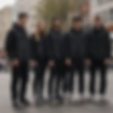 Skater Community in Black Flannels Group of skaters gathered, all wearing black flannel jackets