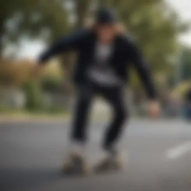 Skater wearing a black flannel jacket performing a trick