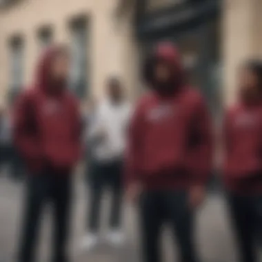 Group of individuals wearing the burgundy Nike hoodie in a city setting