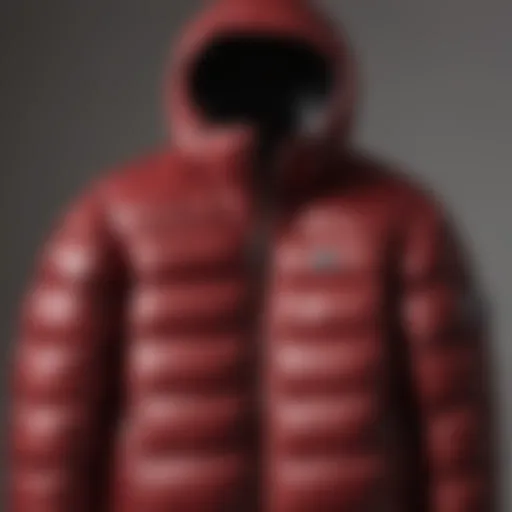 Burgundy puffer jacket displayed against a neutral backdrop, showcasing its texture and color.