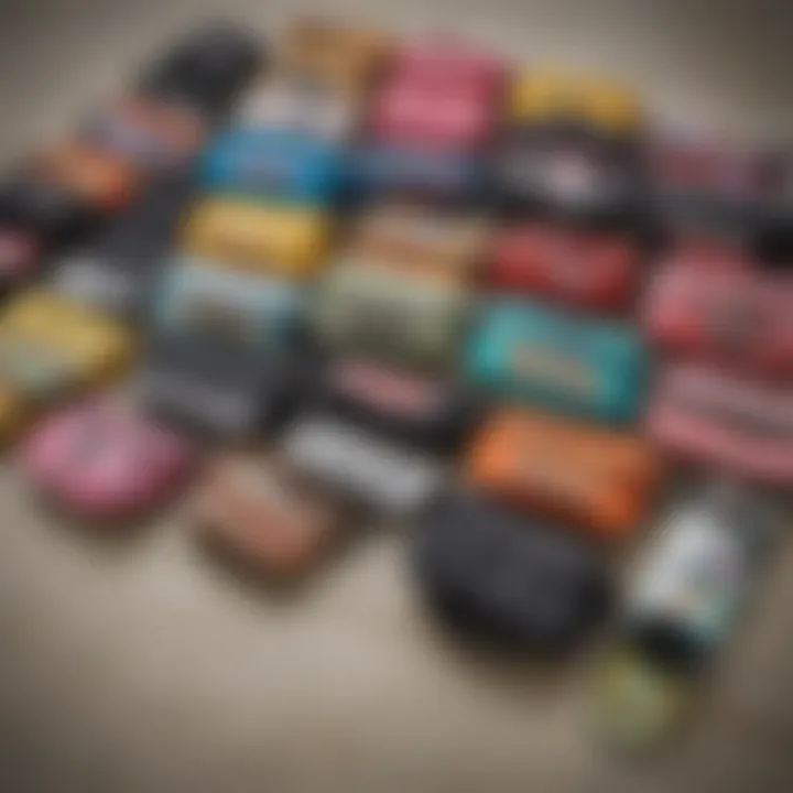 Close-up of various fanny pack designs laid out on a skateboard