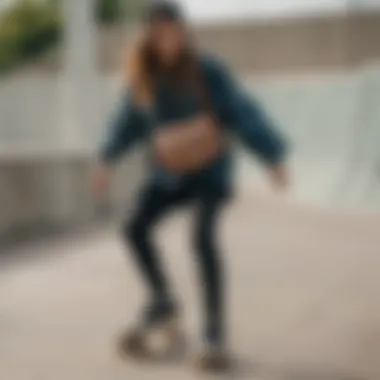 A fanny pack secured around a skateboarder's waist while performing tricks