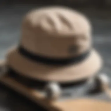 Close-up of a trendy bucket hat placed on a skateboard deck.