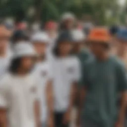 A diverse group of skateboarders wearing various styles of bucket hats.