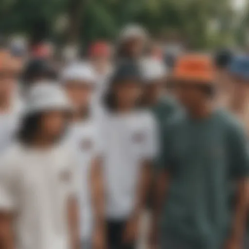 A diverse group of skateboarders wearing various styles of bucket hats.