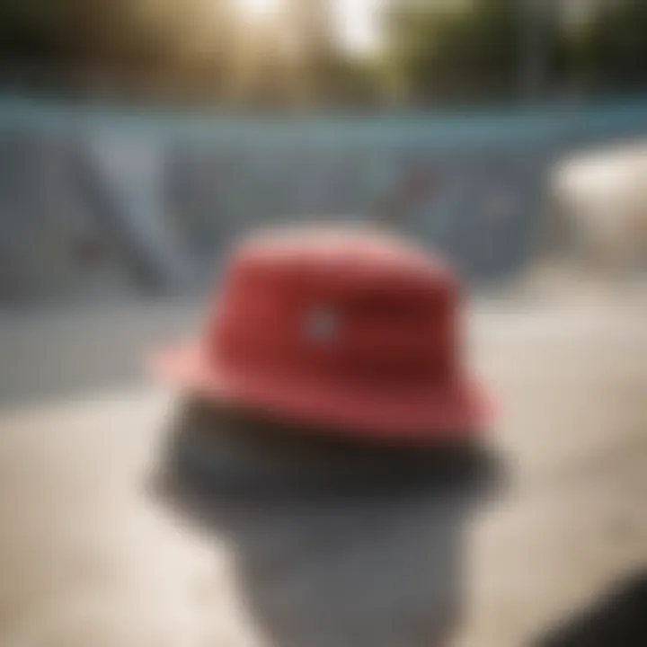 A stylish bucket hat showcased against a backdrop of a vibrant skate park.