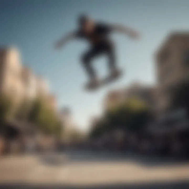 A skateboarder performing an advanced trick in mid-air