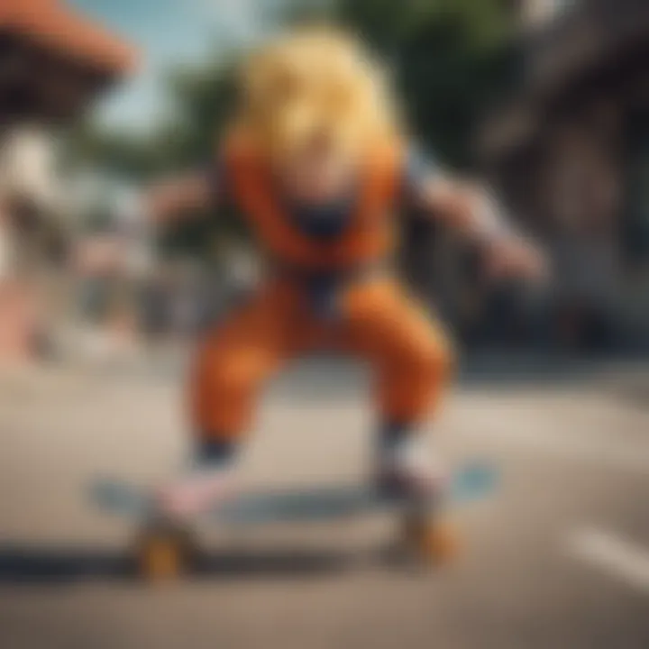 A collage of iconic Dragon Ball Z characters integrated into skateboarding graphics.