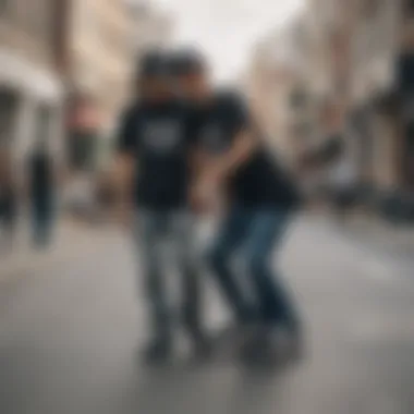 Skaters wearing black graphic tees during a street skating session