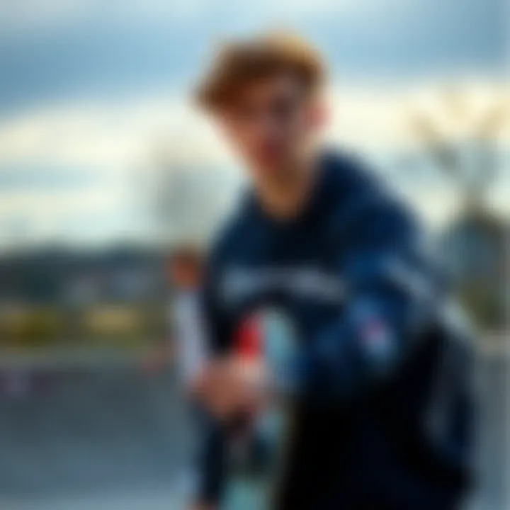 A skater wearing the dark blue Champion sweatshirt at a skate park