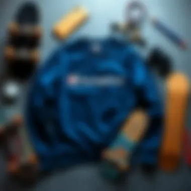 A stylish layout featuring the dark blue Champion sweatshirt with skateboards and accessories