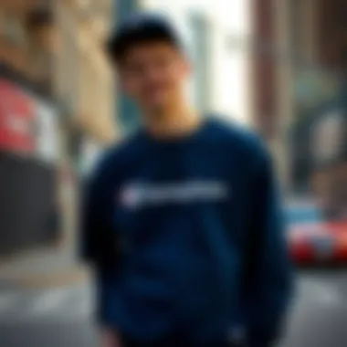 An artistic representation of the dark blue Champion sweatshirt against an urban backdrop