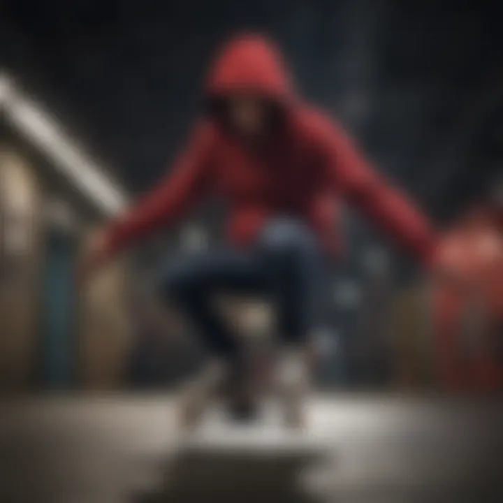 A skater in a dark red zip-up hoodie performing a trick on a skateboard