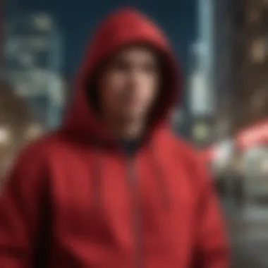 A stylish dark red zip-up hoodie displayed against a vibrant urban background