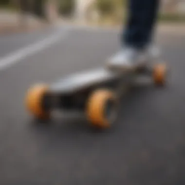 A close-up view of an advanced electric skateboard showcasing its engineering design.