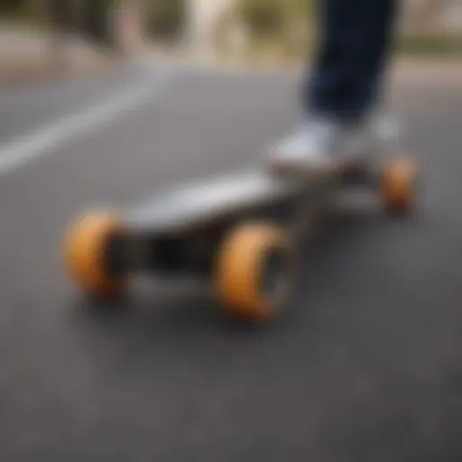 A close-up view of an advanced electric skateboard showcasing its engineering design.