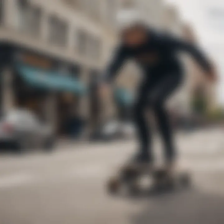 A rider demonstrating high-speed maneuvering on an electric skateboard in an urban setting.