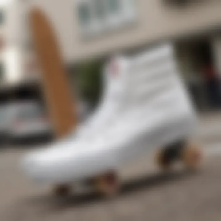 A pair of true white high top Vans on a skateboard