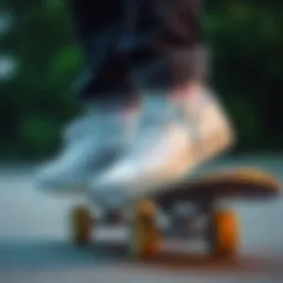Stylish white reef shoes on a skateboard