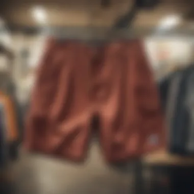 Stylish flow shorts hanging on a skate shop display