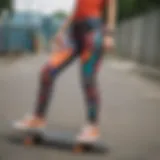 A close-up of vibrant print skinny pants worn by a skater