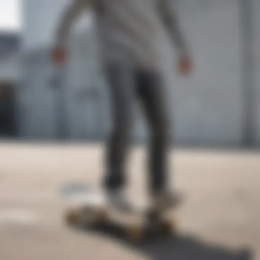 A stylish grey crew neck displayed on a skateboard deck, showcasing its connection to skate culture.