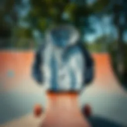 A stylish hooded button down shirt displayed on a wooden skateboard ramp, showcasing its connection to skate culture.
