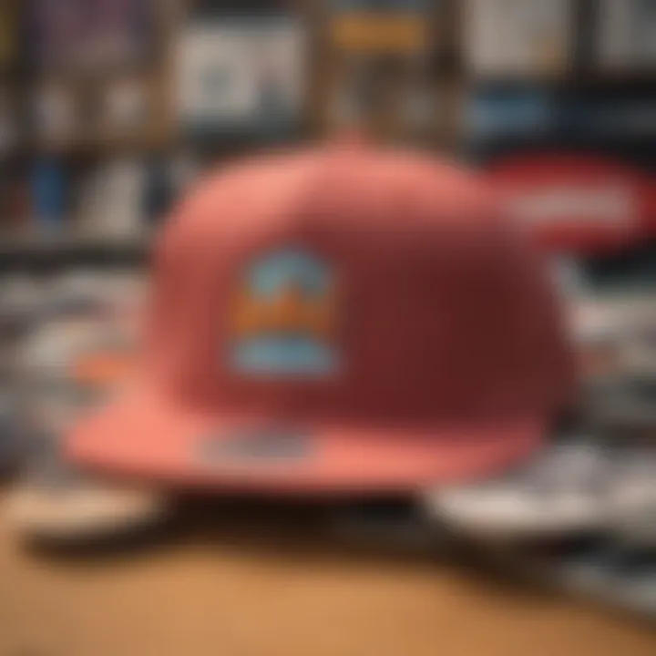 The Hundreds hat displayed against a backdrop of skateboards