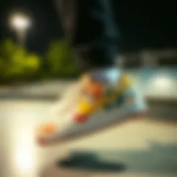 Artistic representation of printed Nike footwear in a skate park setting