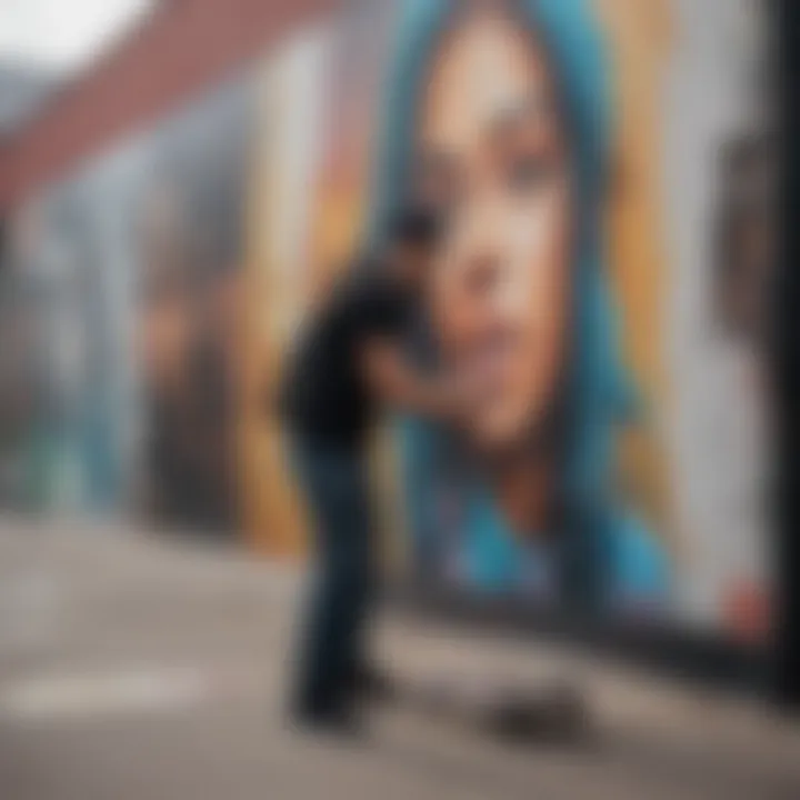 An artist painting a large mural in an urban setting, illustrating the creative process behind the artwork.