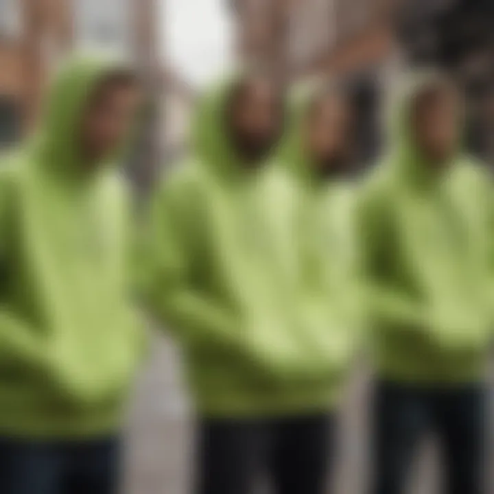 A group of skateboarders wearing lime green hoodies in an urban setting