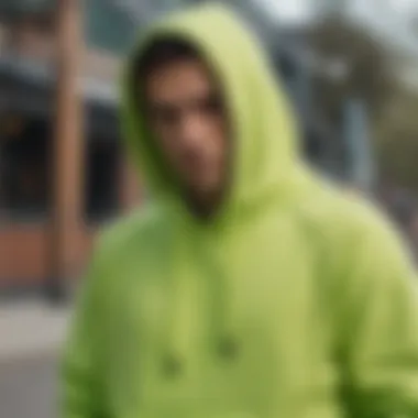 A stylish outfit featuring a lime green hoodie with accessories