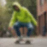 A vibrant lime green hoodie displayed on a skateboard