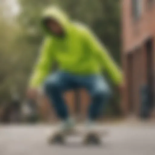 A vibrant lime green hoodie displayed on a skateboard