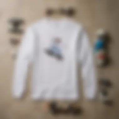 Long sleeve white tee displayed with various skateboarding accessories