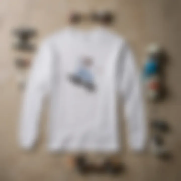 Long sleeve white tee displayed with various skateboarding accessories