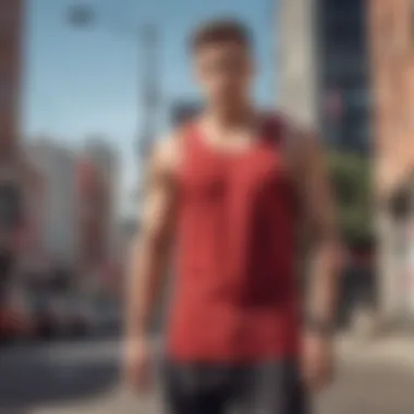 Man confidently wearing a red tank top in an urban setting