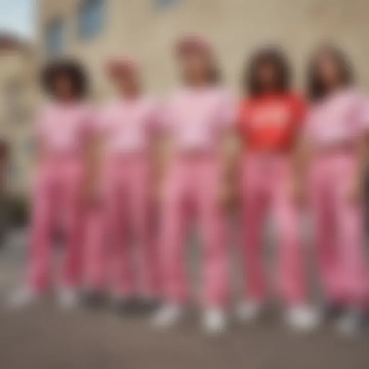 Group of skateboarders showcasing diverse styles with pink army fatigue pants in an urban setting.