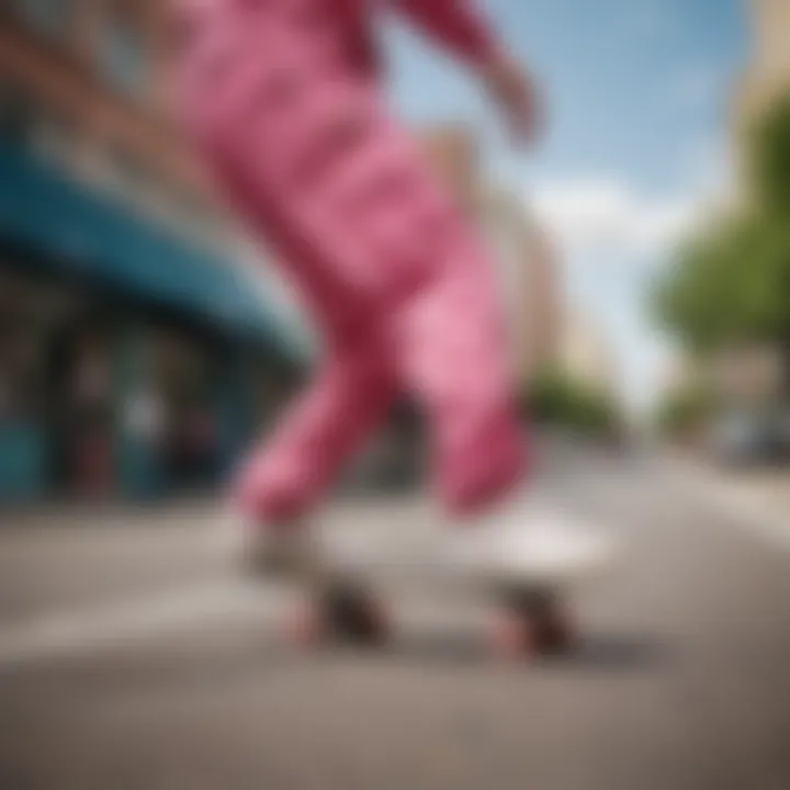 Skateboarder performing a trick while wearing pink army fatigue pants on a city street.