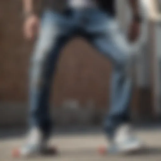 A close-up view of a skateboarder wearing ragged jeans