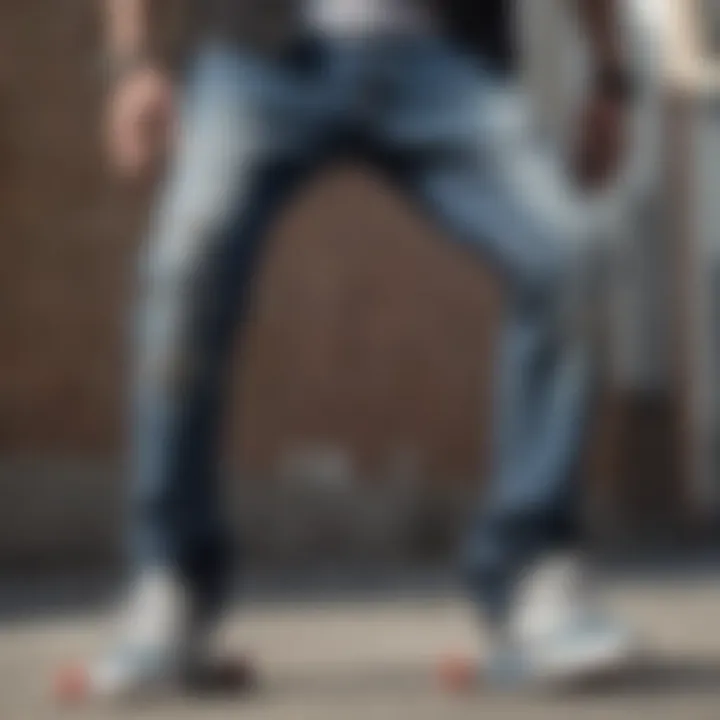 A close-up view of a skateboarder wearing ragged jeans