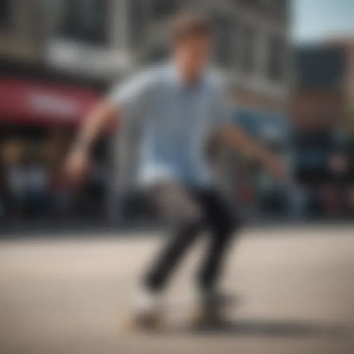 A skater performing tricks while wearing a short sleeve button front shirt