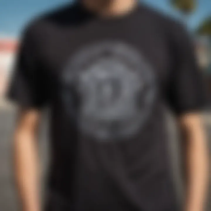 A skater wearing a shirt with a bold logo that reflects personal identity and style
